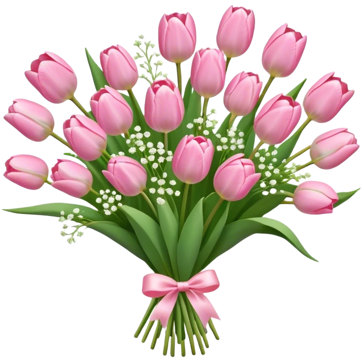 bouquet of light, pink tulips and babies breath ￼ emoji