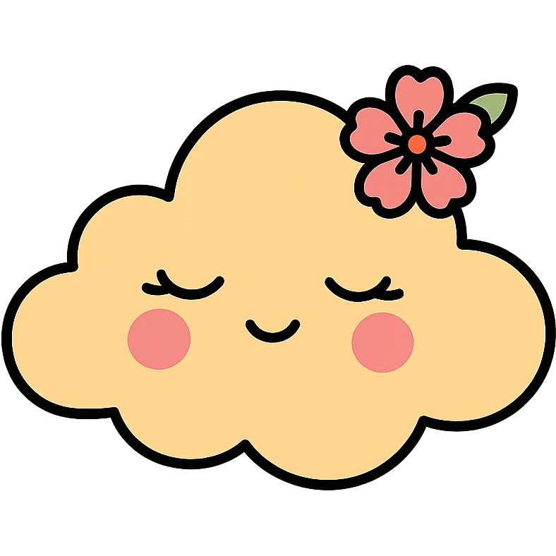 feminine adult vanilla cloud doe with rosy cheeks and cherry flowers, floating gracefully, minimalist style, brand identity, social media emoji