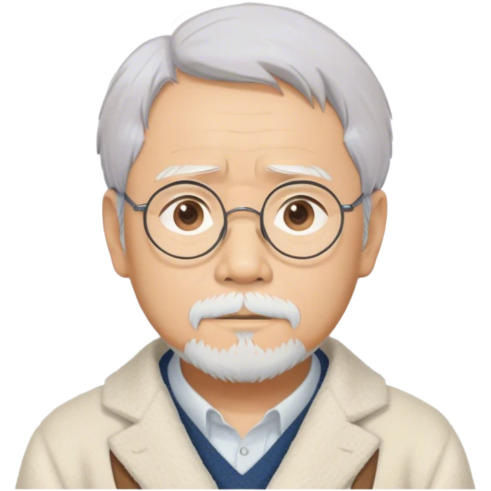 Cinematic Realistic Hayao Miyazaki Portrait Emoji, depicted as a visionary filmmaker with a gentle imaginative expression and artistic flair, rendered with delicate textures and soft enchanting lighting that captures his legendary storytelling. emoji