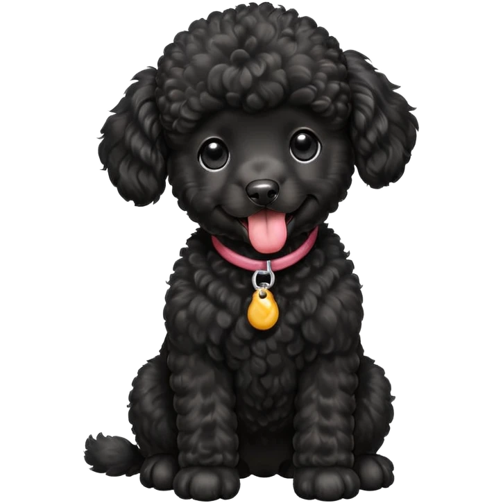 A high-resolution square-format digital illustration of a black poodle puppy in a clean, emoji-inspired semi-realistic style. The poodle is shown from the chest up, facing forward with a slight tilt of the head to the left, tongue out playfully. emoji