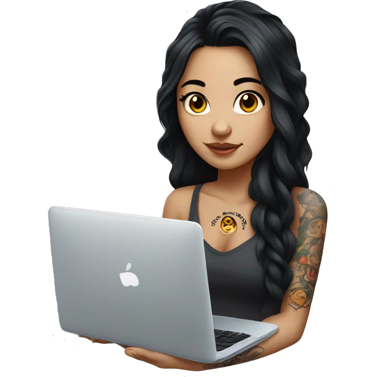 beautiful girl, with arm tattoos, with long black hair, wavy hair, chinese, with laptop emoji