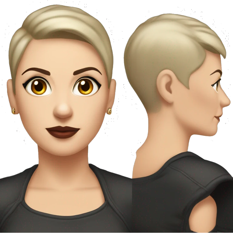white woman in her forties brown eyes shaved hair on one side black short hair on other side upturned nose black tanker tattoo on the shoulders emoji