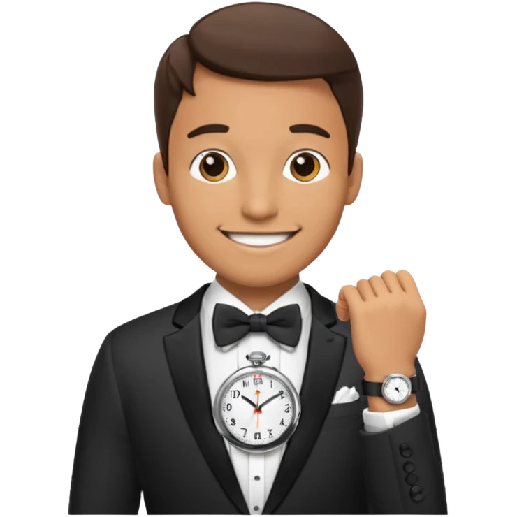 Male wearing watch + bow tie, highlight watch and bow emoji