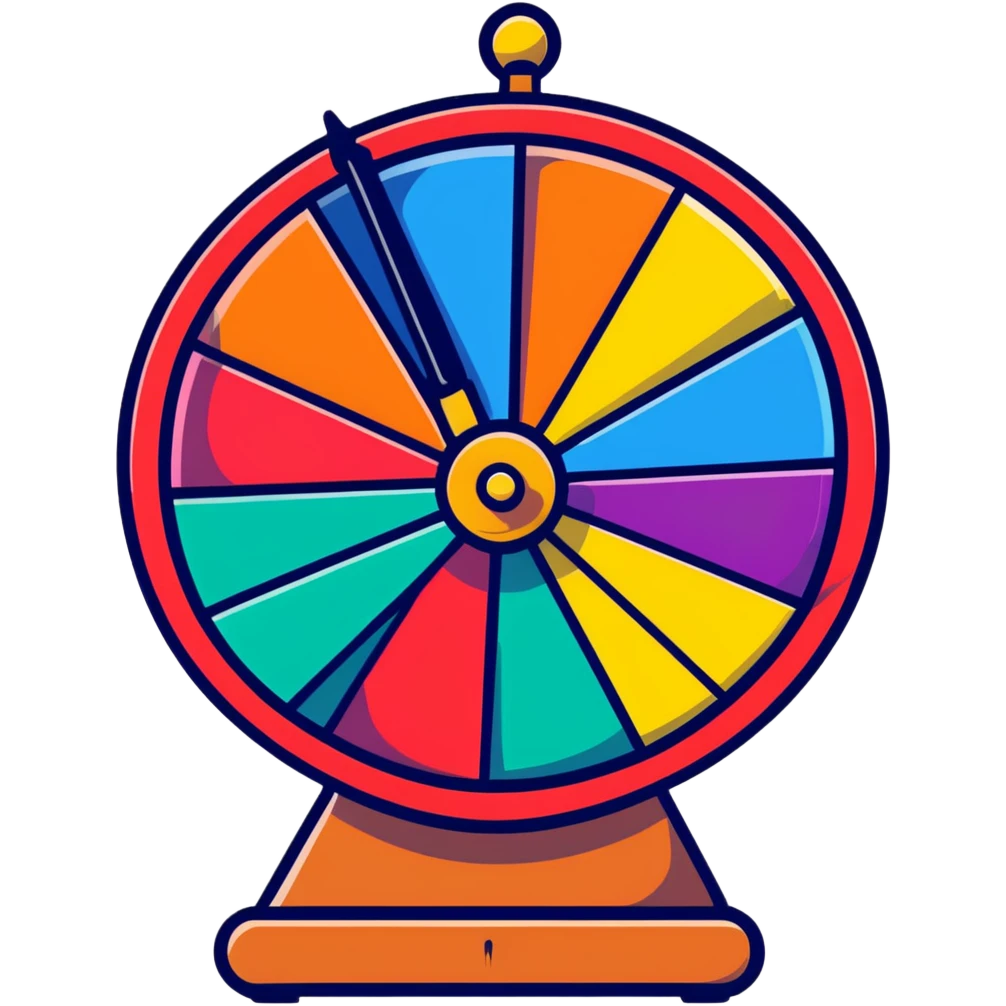 spinning fortune wheel with colorful sections and a pointer emoji