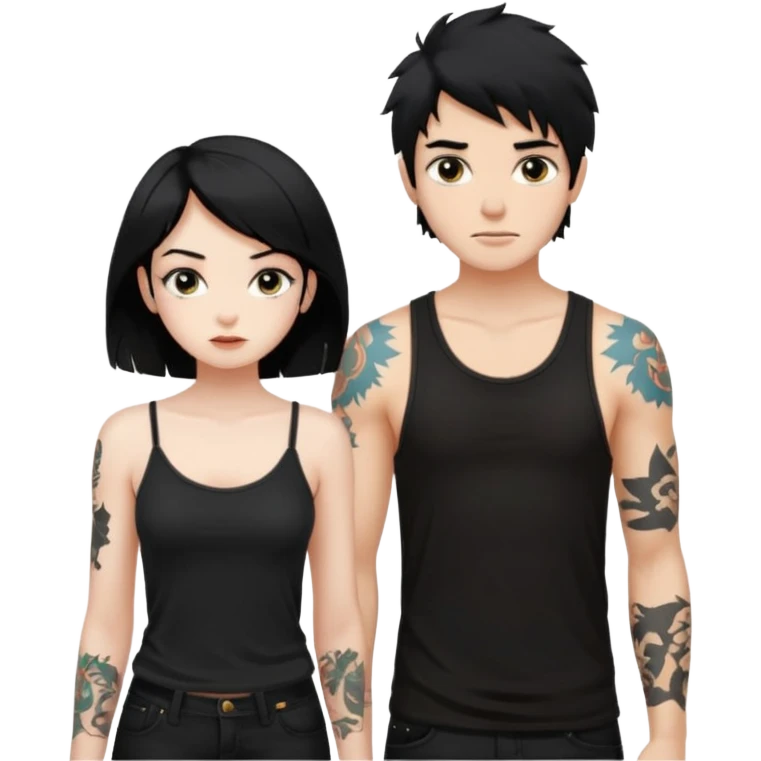 generate a fair boy with messy black hair, tattoos. standing beside a fair black haired girl wearing a black cami top. emoji