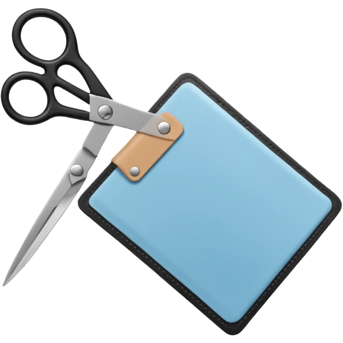 Floating black Scissors cutting a light blue military ID card in 2 parts .hyper realistic emoji