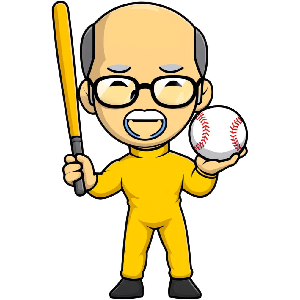 Steve Jobs with glasses and black turtleneck under Bruce Lee yellow jumpsuit, holding baseball bat and ball emoji