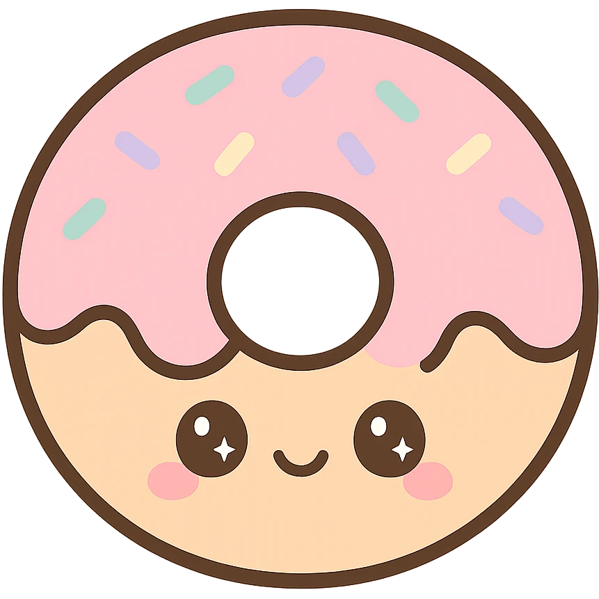 cute cartoon donut with pink frosting and sprinkles, smiling face emoji