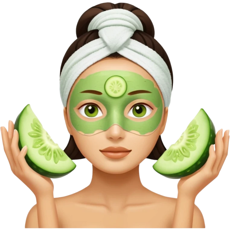 woman with green facial mask, cucumber slices on eyes, spa relaxation emoji
