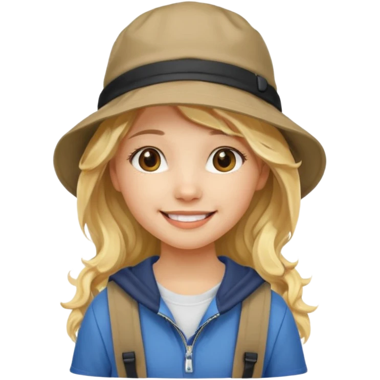 a young student girl with the backpack with bucket hat, blonde wavy long hair emoji