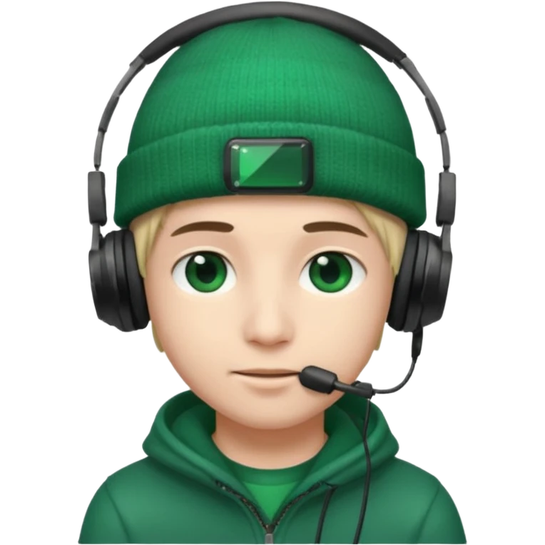 garcon avec un bonnet avec un emeraude dessus et un casque gaming emoji