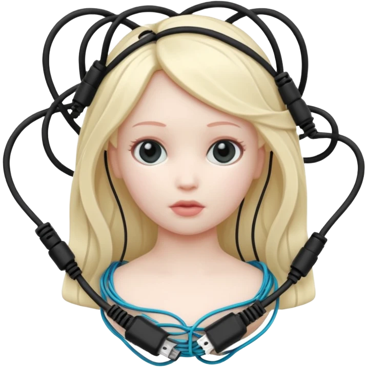 Plastic doll tightly bound with tangled AUX cables. emoji