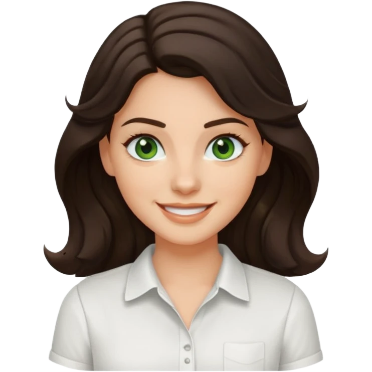 A White girl with wavy and dark hair, dark green eyes and a white shirt smiling emoji