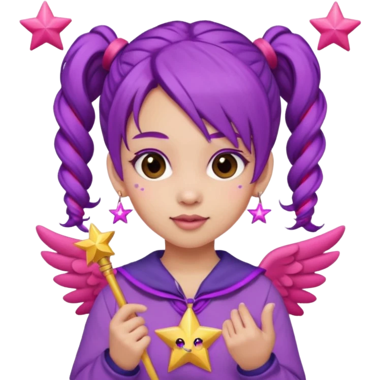 Create an emoji of a fairy-like woman with purple hair tied into two pigtails, red stars in her hair, wearing a pink outfit and pink wings. She is holding a pink star-shaped wand and wearing purple circular earrings. emoji