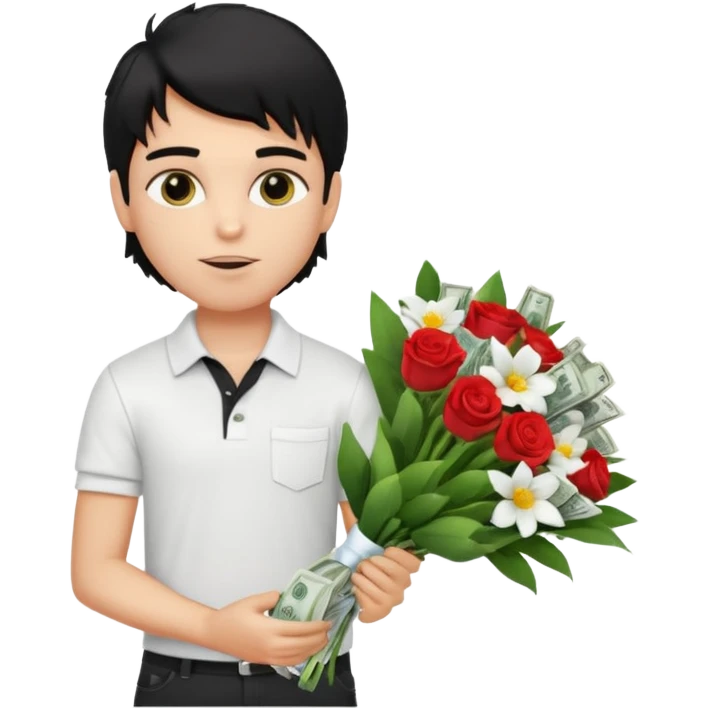 generate a pretty fair bratz boy with a messy mullet (black hair), wearing a white polo.  carrying a bouquet made of money. expensive car behind him emoji