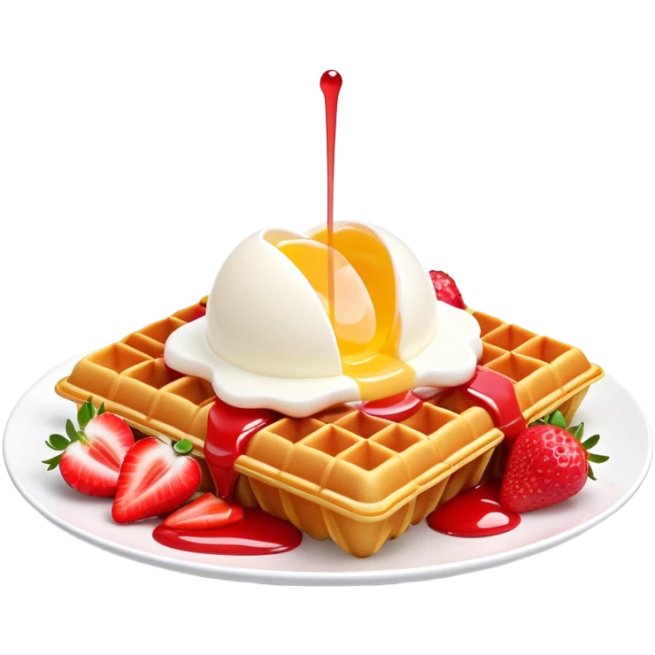 3D rendered Hong Kong egg waffle folded with strawberries and cream, vibrant red and white colors, hyper-realistic bubbled texture, glossy finish, detailed bubble surfaces, fun presentation, soft lighting emoji