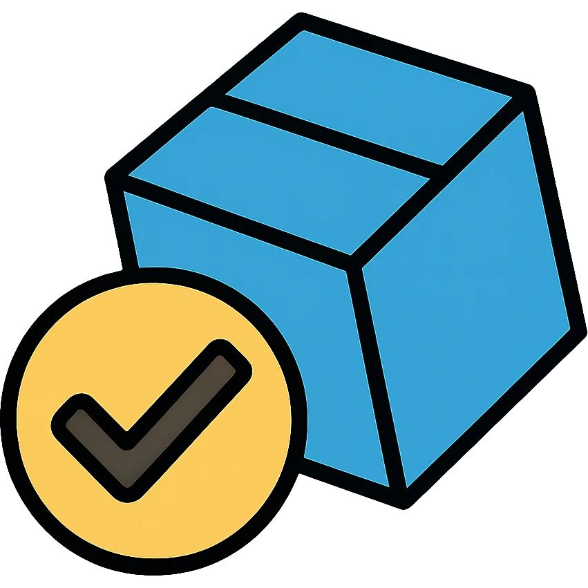 Blue box with a white checkmark in the middle and a slanted blue box emoji