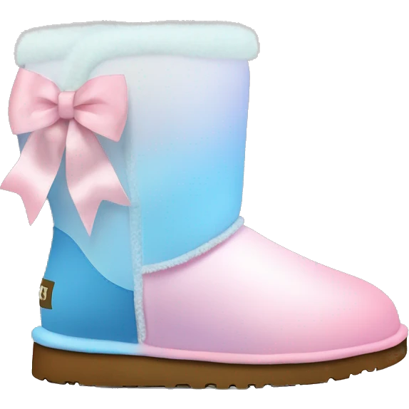 Realistic pair of pastel pink to pastel blue ombre fur Ugg boots with silk ribbon bows. emoji
