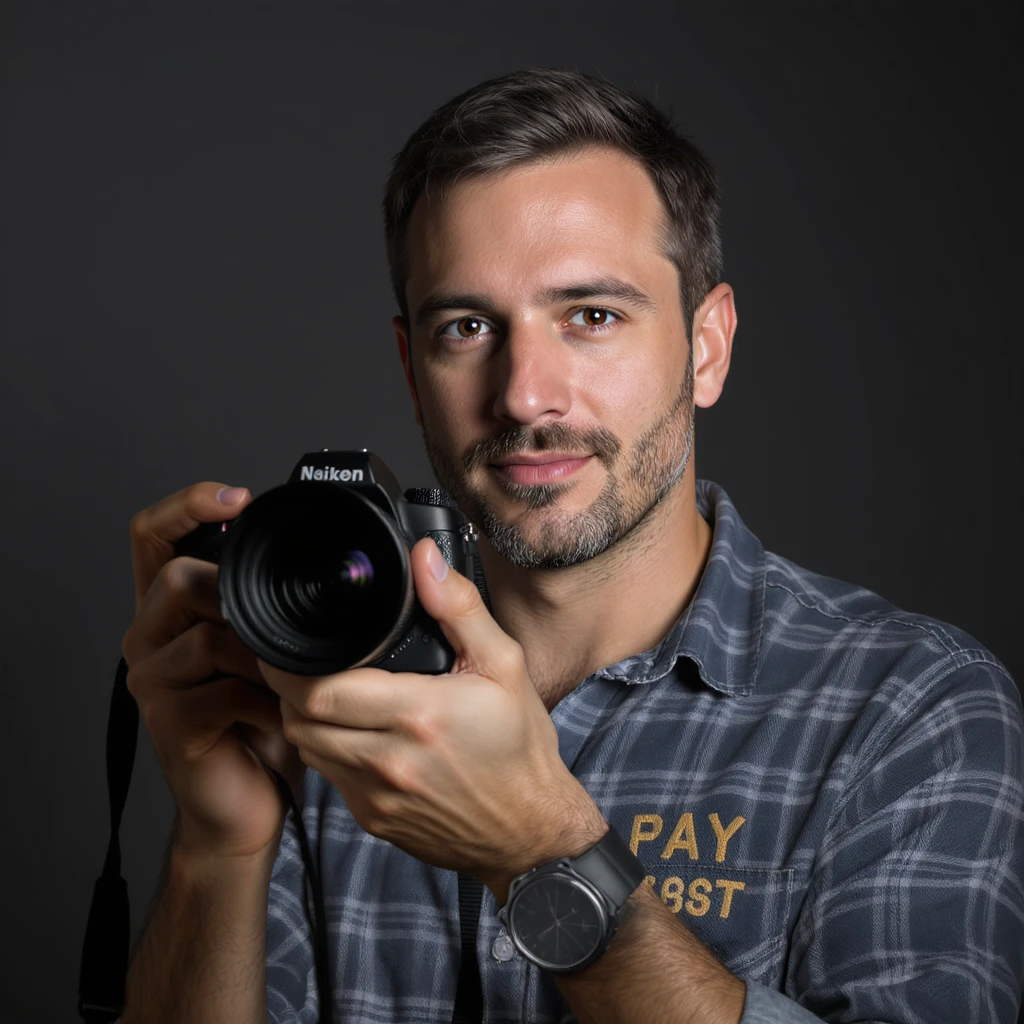 realistic portrait of a photographer posing with camera, studio quality emoji