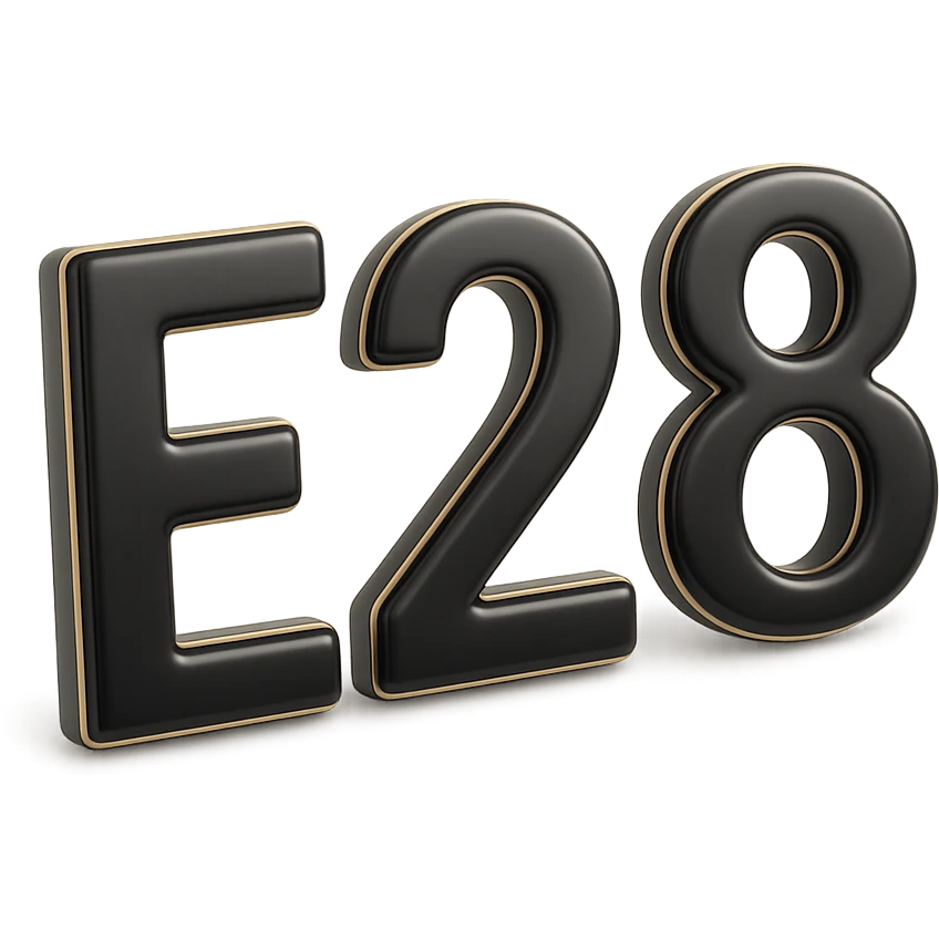 3D chrome letter 'E28' with a glossy effect emoji