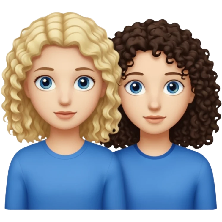 two best friends one brown eyes dark curly hair and the other, blond straight hair, blue eyes emoji