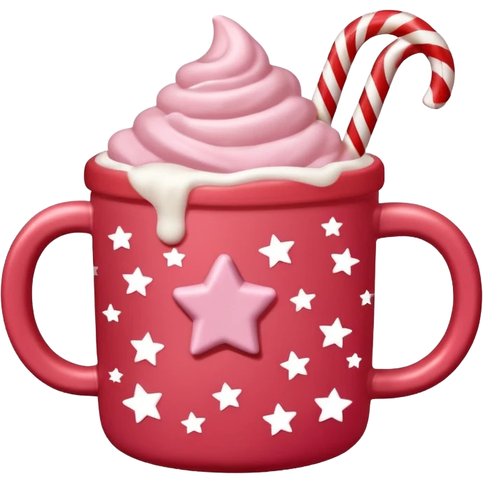 hot chocolate in red and pink pastel christmas mug with stars and candy cane, trendy aesthetic emoji