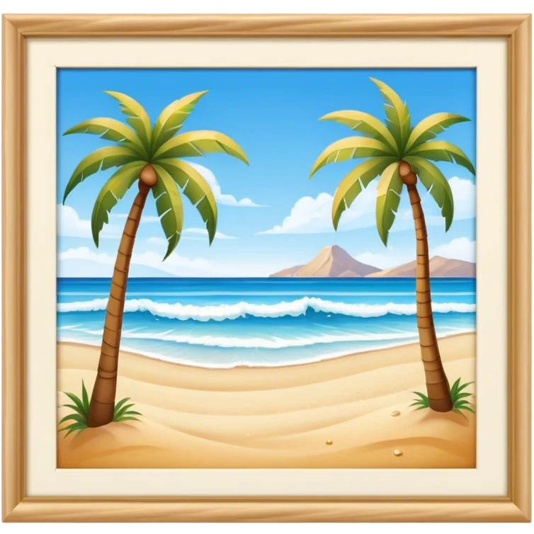 Cinematic Realistic Beach Emoji in a wooden frame, Sunny and bright, with soft golden sand stretching as far as the eye can see, gently lapping waves crashing onto the shore, and a clear, blue sky above. Palm trees sway in the warm breeze, crystal clear water of the waves on the landscape. Soft glowing outline, capturing the essence of a relaxed, joyful beach day filled with sun, sand, and surf! emoji