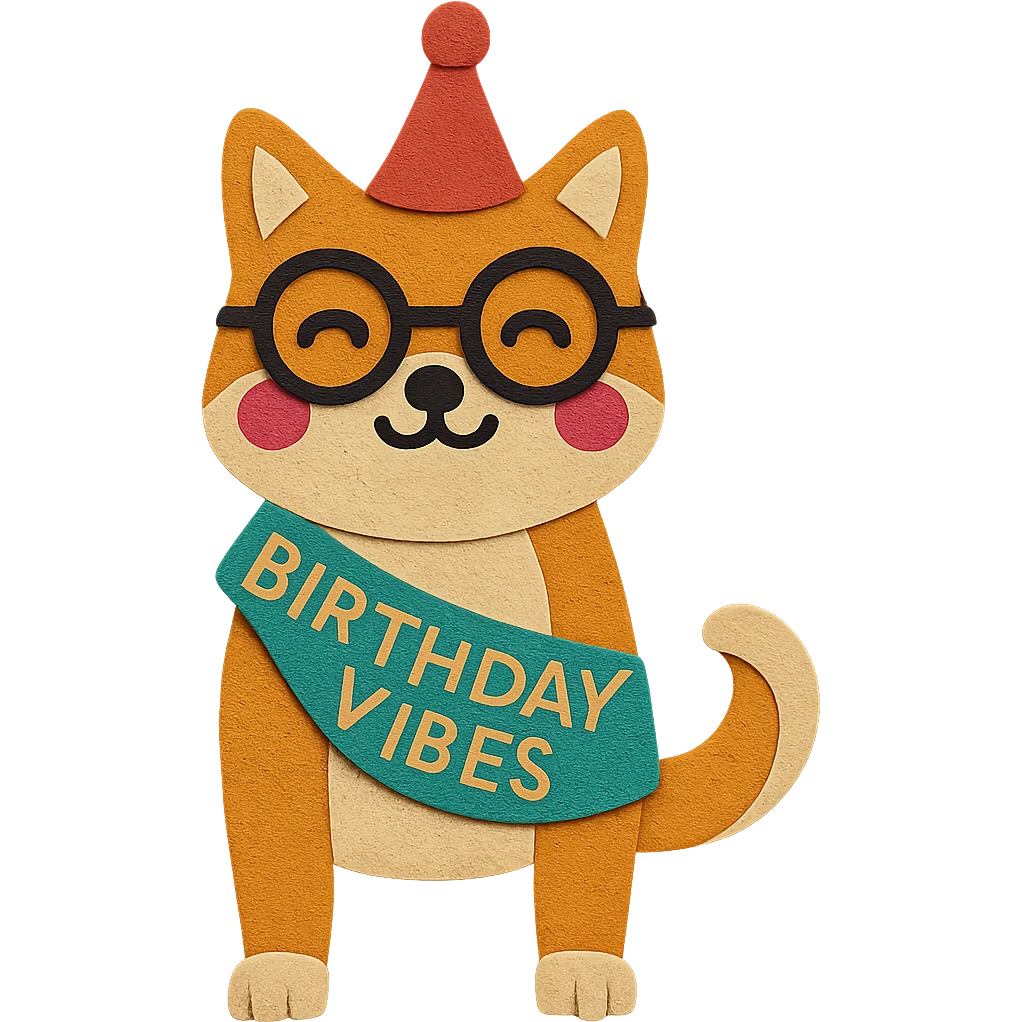 Make the Shiba Inu full body and adjust the sash so it looks well-shaped and natural. Keep the paper-craft style, glasses, party hat, and all other elements the same. emoji