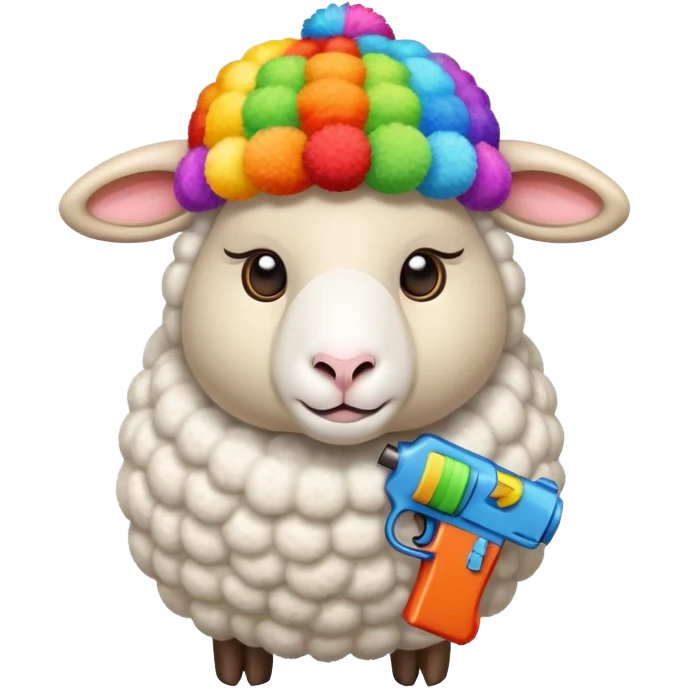 a sheep holding two guns and wearing a childish colorful propeller hat  emoji