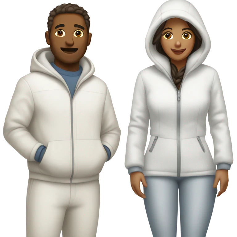 Brown woman and white man in matching snow suits emoji
