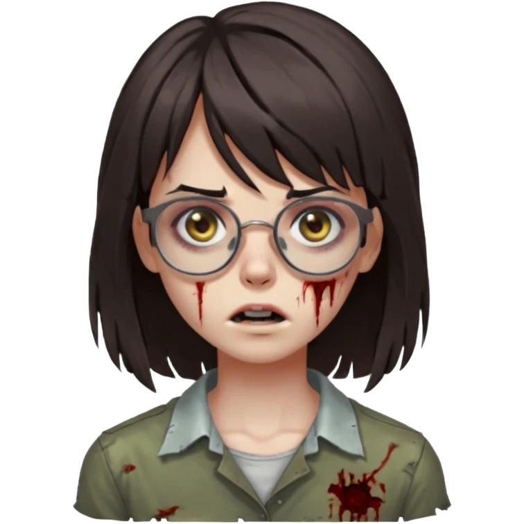 The basic iPhone emoji is a zombie girl with dark brown hair long below her shoulders bangs and a ragged haircut gray eyes glasses emoji