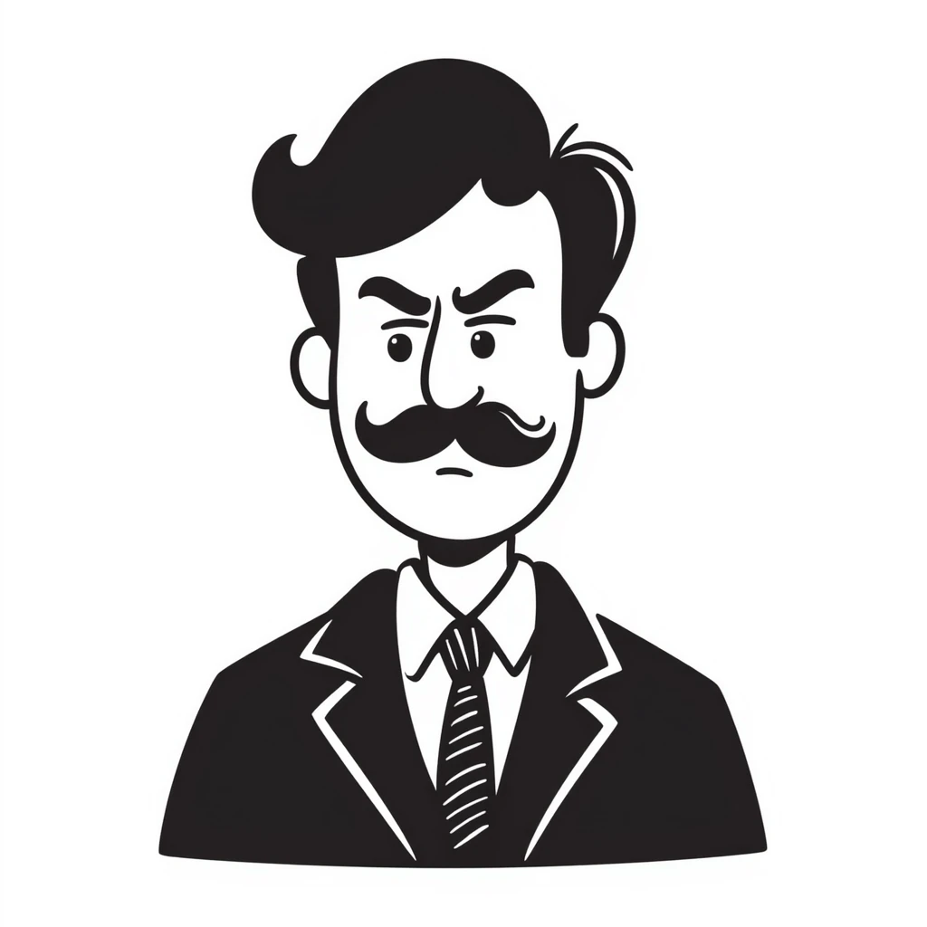A hand-drawn angry supervisor with a mustache and a stern expression emoji