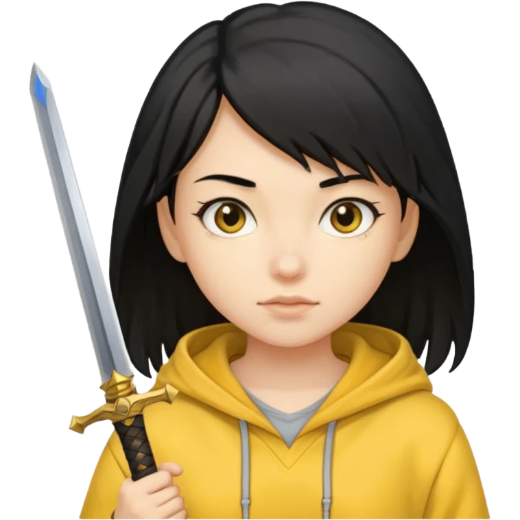 black haired girl holding sword and wearing yellow hoodie emoji
