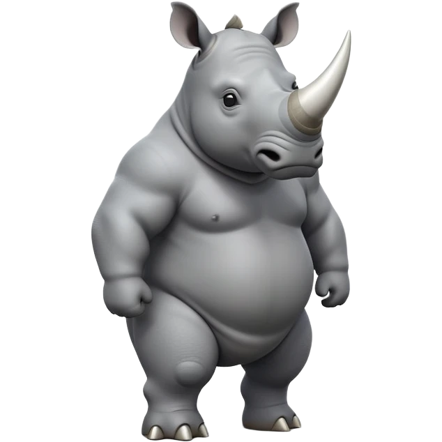 cinematic-rhino-full-body-standing-emoji,white horn, slate grey skin -massive-body-poised-powerfully,-thick-horn-curving-slightly-forward,-head-tilted-dramatically,-rough-grey-hide-covered-in-dust,-simplified-focused-features, emoji