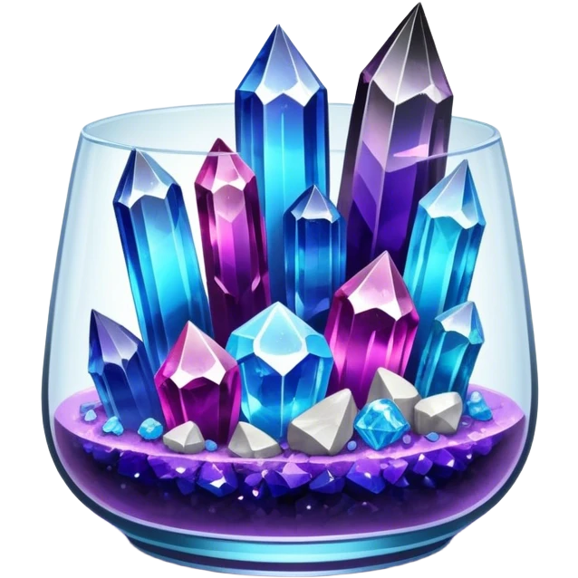 Close-up of vibrant crystals growing in a glass container on a table, with various colors like purple, blue, and clear. Some crystals are larger, while others are still forming. Soft light highlights their natural beauty. Background with a cozy indoor setting. emoji