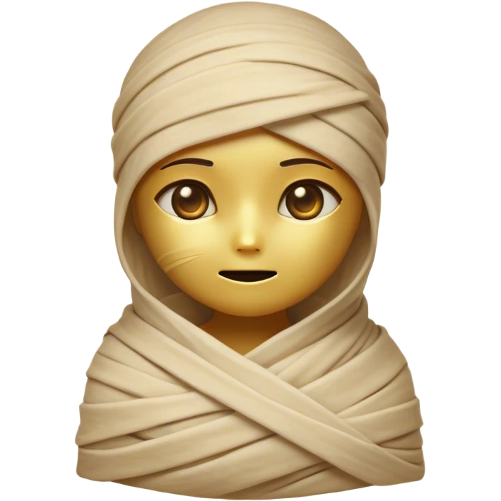 Cinematic Cute Mummy Portrait Emoji, with a delightfully charming, slightly clumsy bandaged form in warm faded tones and subtle hints of gold, featuring wide, curious eyes peeking from the wrappings and a sweet, innocent smile, simplified yet adorably detailed, glowing with a soft, ancient warmth and a gentle outline that captures the playful spirit of an ancient mummy! emoji