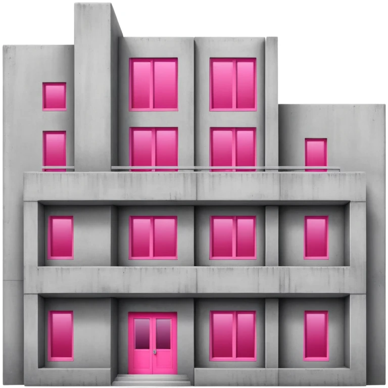 Gray concrete brutalist architecture with a single bright pink window and multiple regular windows emoji