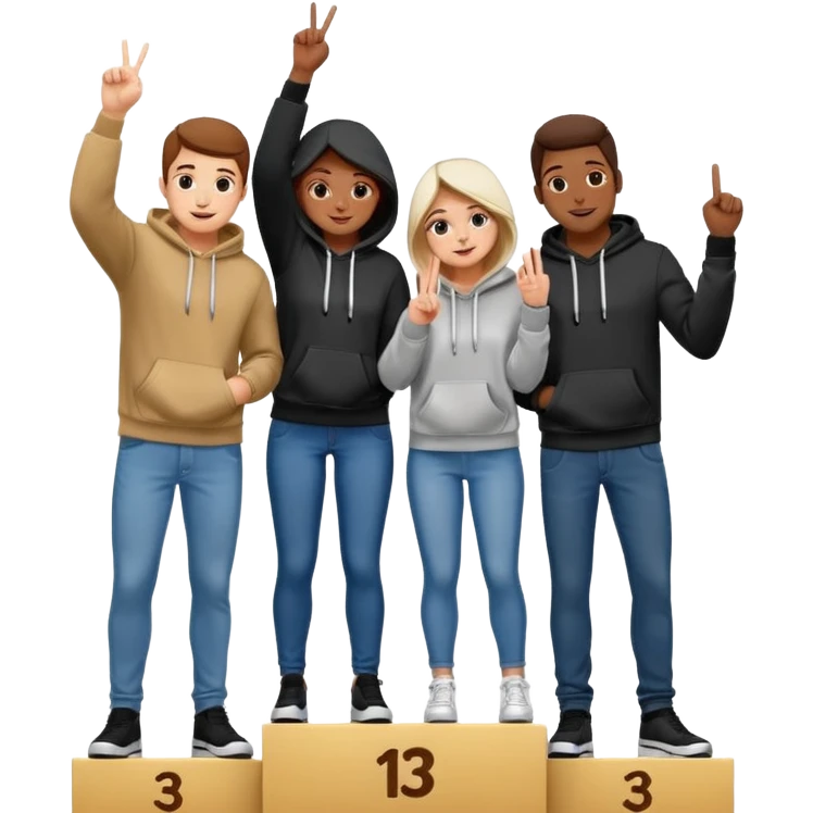 three people black and white in jeans and hoodies on a winners podium with no numbers middle step higher center person holds up one finger on each hand bright cheerful expressive emoji illustration emoji