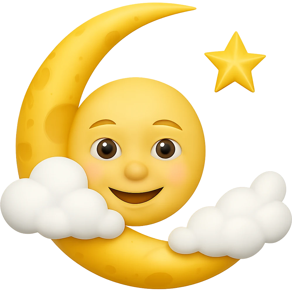 Add fluffy clouds partially covering the smiling moon. Keep the background transparent. emoji