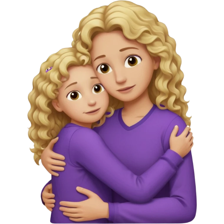 a mother with blond curly long wearing purple hugging his son with brown hair and like saying its okay emoji