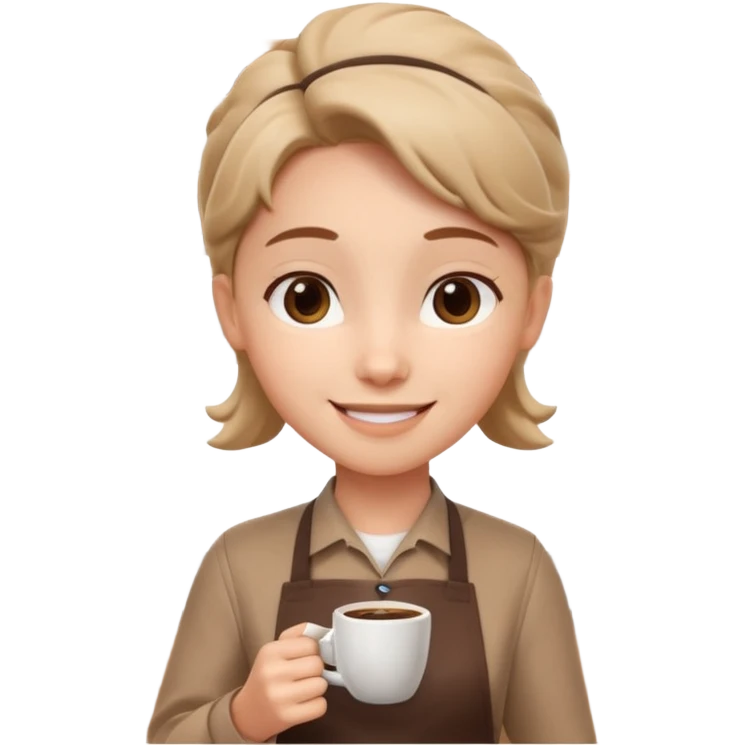 cute barista portrait, head and shoulders only, wearing apron, coffee shop uniform, friendly smile, holding a small coffee cup, 3D cartoon, mobile game icon style, clean background, no text, no watermark
 emoji