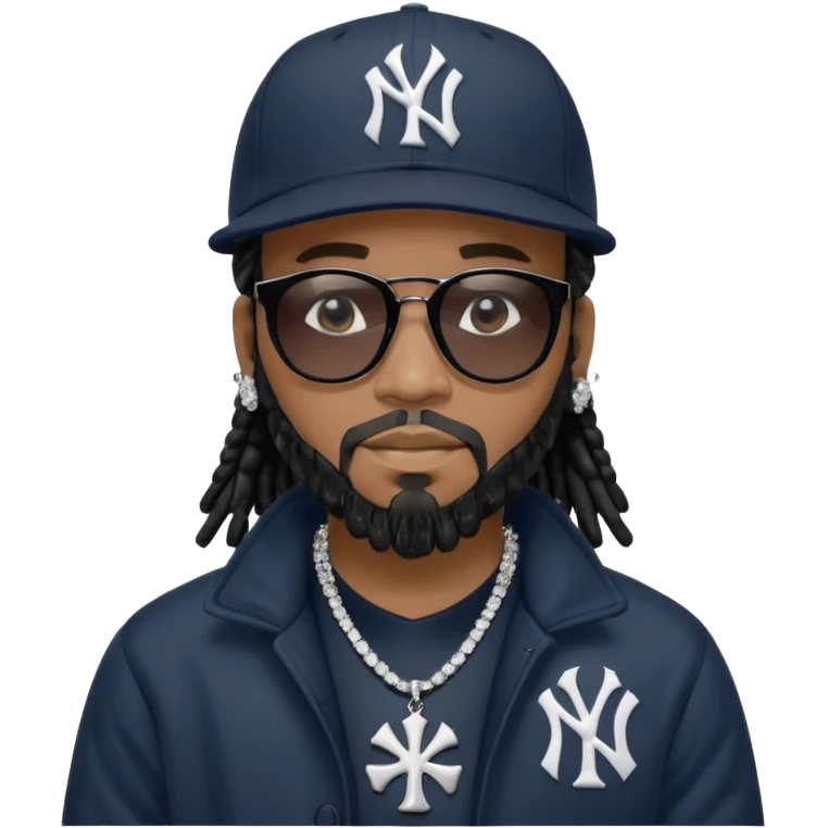 African American man with shoulder length black dreadlocks with black beard wearing black sunglasses wearing a New York Yankees logo baseball cap wearing a black bubble winter coat with diamond cross necklace on his neck emoji