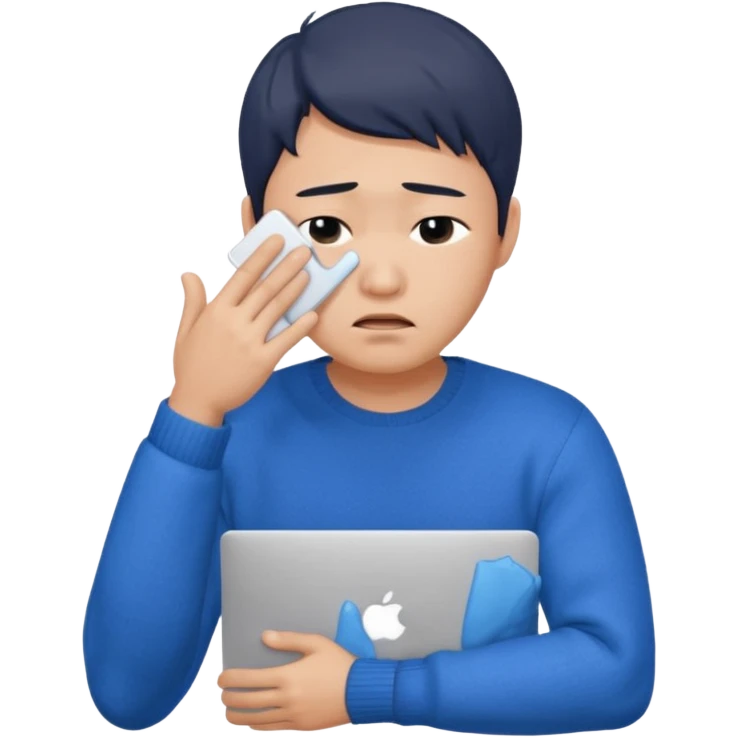 a crying asian handsome guy wearing a blue knit with white shirt, facepalming with only one hand, with a macbook, only upper body, high quality.  emoji