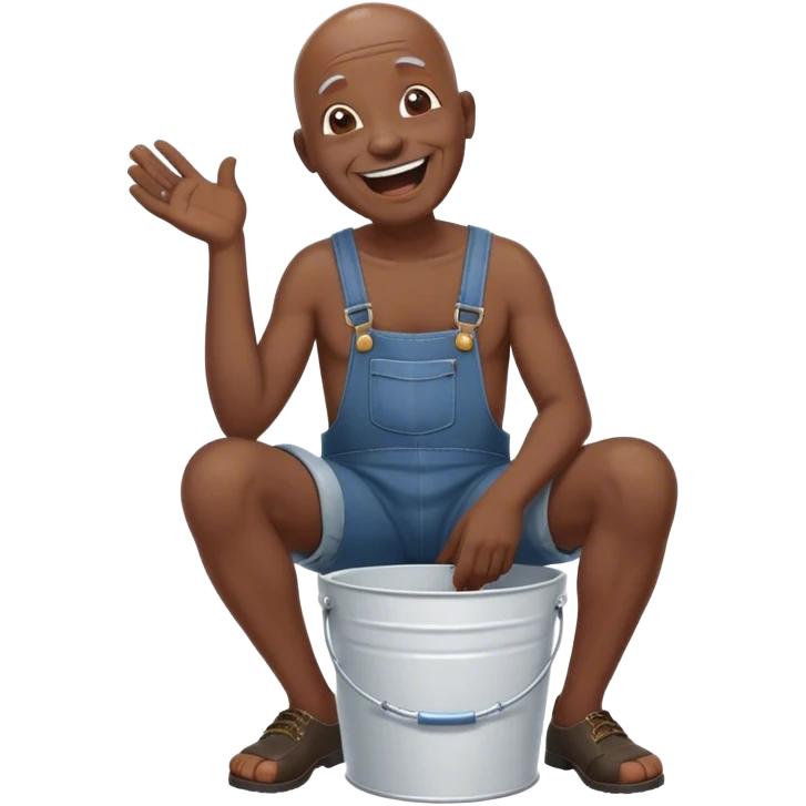 Side view Laughing telling story Old bald black man sitting on white bucket wearing overalls no shirt emoji