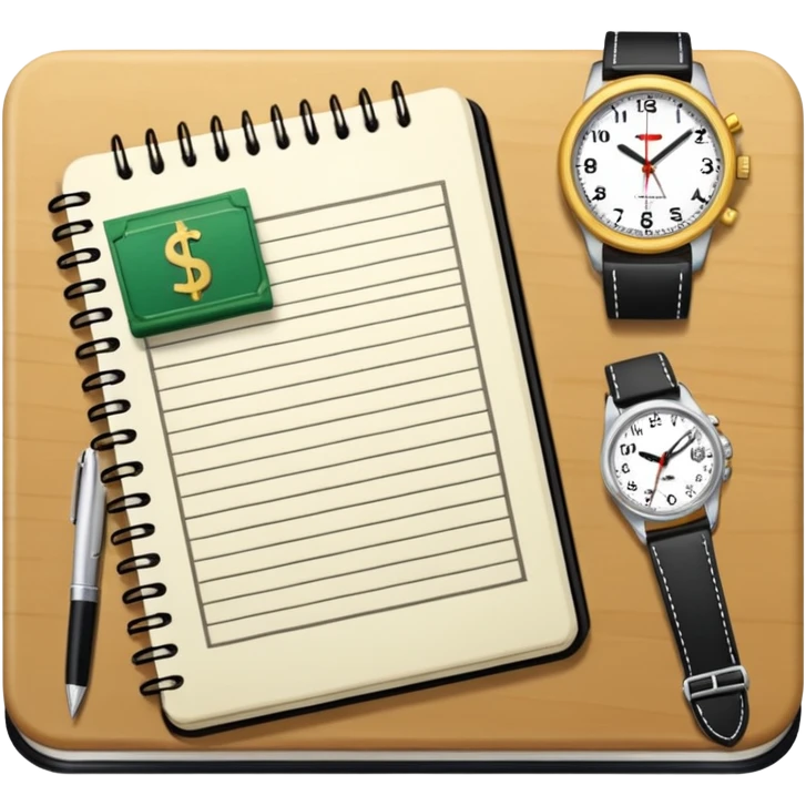 Libreta, reloj y un dolar emoji
