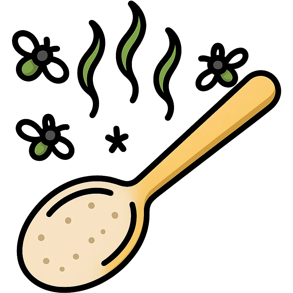 Add flies buzzing around the dirty, old spoon with greenish foul odor vapors. Use icon style with clear outline and simple shading. Preserve transparent background. emoji
