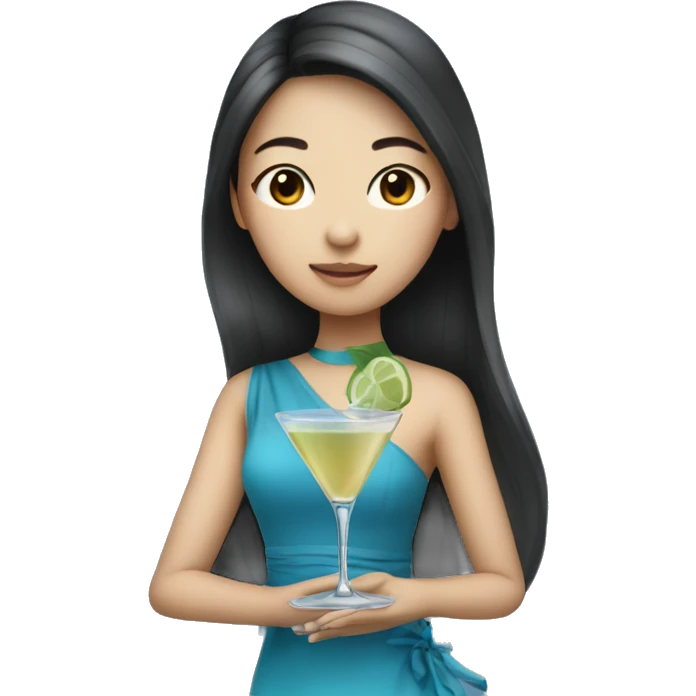 Pretty Asian girl with long hair wearing blue dress drinking martini emoji