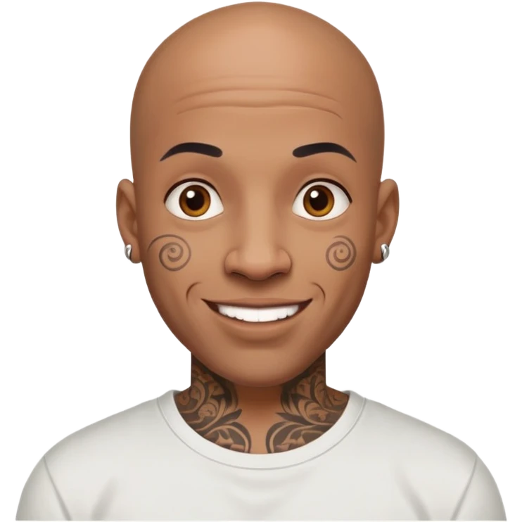 bald black man with intricate face tattoos, cheerful expression, wearing a t-shirt emoji