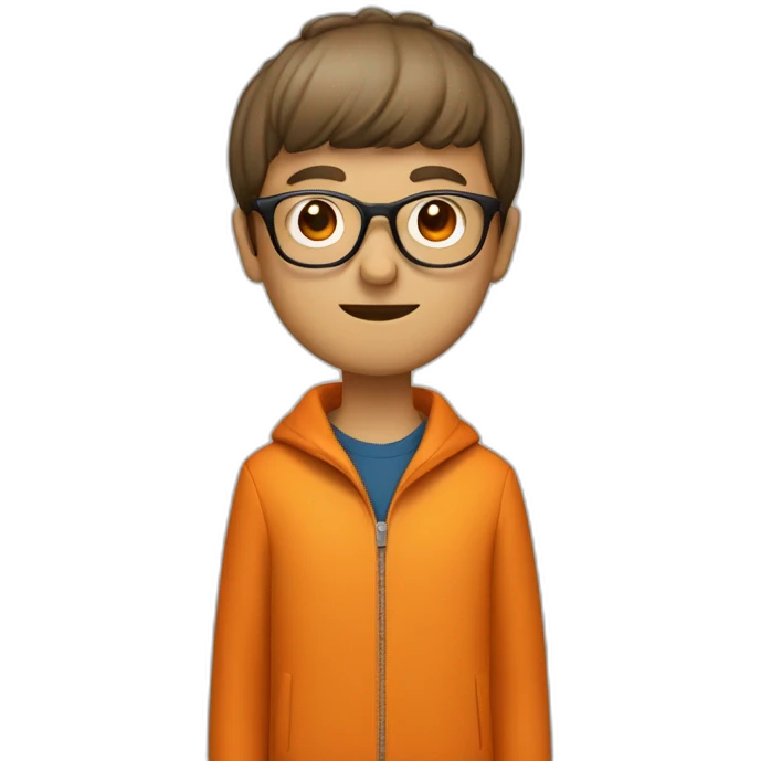 a man with a bowl cut brown squar glasses, a orange jacket emoji