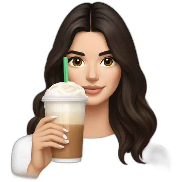 brunette Kendall Jenner holding ice latte emoji